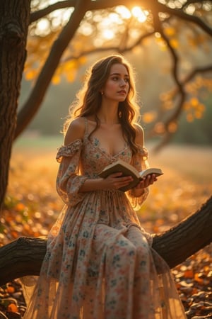 A portrait of a young woman sitting on a tree branch in an autumn setting, holding a book close to her chest. She wears a soft, floral dress, and her long, wavy hair falls over her shoulders. Warm, golden lighting from the sun shines through the trees, casting a soft glow on her face. The ground is covered in golden leaves, creating a serene, peaceful atmosphere. The woman gazes thoughtfully into the distance, with intricate attention to the textures of the leaves and the soft, warm lighting.