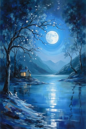 Abstract sketch of a mystical night landscape with a bright full moon, its light reflecting off a serene lake, beautifully arched trees with delicate glowing flowers, intricate pencil shading, distant mountain under a clear starry sky, faint stars twinkling, small dimly lit building at the base, soft cool blue color palette with hints of silver, dreamy tranquil atmosphere, smooth pencil strokes capturing the gentle movement of the night and stillness of the water.