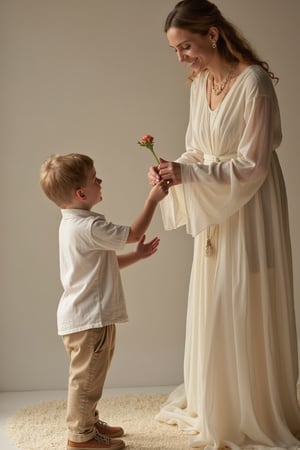 Ultra HD photography of a young boy, Hanna, holding a single flower, about to give it to his beautiful mother. The composition captures the tender moment, with the boy's hand outstretched, offering the flower with a shy, endearing smile. The mother, radiant and graceful, stands with a loving expression, her hand reaching out to accept the gift. The lighting is soft and natural, highlighting the warmth and affection between them. The background is simple yet elegant, with a subtle, neutral backdrop that keeps the focus on the emotional exchange. The shot captures the purity and beauty of the moment, rendered in ultra HD clarity.