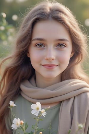 A sweet young woman with soft, delicate features, fair skin, and warm, gentle eyes. She has long hijab, cascading down her shoulders. The scene is softly lit, capturing her serene expression. She stands in a natural setting, surrounded by blooming flowers, with a gentle breeze slightly moving her hair. The composition is close-up, focusing on her gentle smile and the delicate texture of her skin.