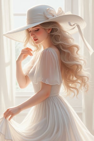 A detailed digital painting of a young woman with long, flowing blonde hair, wearing an elegant white dress and a large, wide-brimmed white hat adorned with a bow. She poses gracefully with a soft, serene expression, her eyes downcast, and her hand gently touching her hat. The painting features smooth, flowing lines with soft lighting and subtle shading, highlighting the delicate folds of her dress and the intricate details of her hat. The overall mood is peaceful and refined, capturing a moment of quiet elegance against a minimal, softly blurred background.