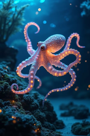 A highly detailed, photorealistic underwater scene of a glowing octopus with transparent, iridescent tentacles covered in bright orange spots. The octopus glides through a deep ocean setting, illuminated by bioluminescent specks that add a surreal, magical touch. The surrounding water is a deep blue, with bokeh effects created by distant lights, emphasizing the octopus as the central figure. The delicate glow of the tentacles adds an ethereal quality, with hints of coral and marine foliage in the background. The composition captures the octopus in motion, with the bioluminescent specks casting a soft, ambient light that highlights the octopus's intricate details. The deep blue water and bokeh effects create a sense of depth and mystery, while the glowing tentacles and bright orange spots add a touch of magic to the scene.