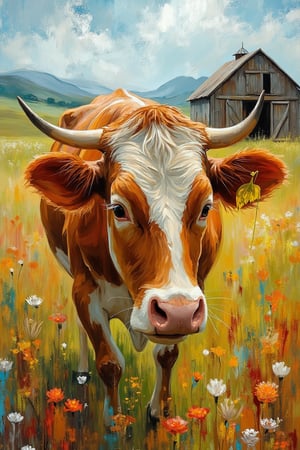 Abstract scene of a cow eating grass in a field, with a barn in the background, detailed textures, soft lighting, wide-angle shot, Hanna observing nearby, serene expression, abstract patterns and vibrant colors blending nature elements, digital art style.