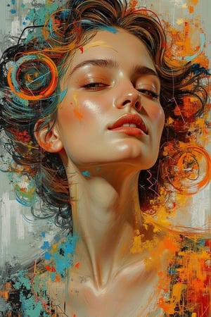 Abstract portrait of a beautiful woman named Hanna, ethereal lighting, soft focus, intricate geometric patterns swirling around her, centered composition, Hanna's serene expression, delicate features highlighted, abstract background with vibrant colors and fluid shapes, artistic framing, digital art style.