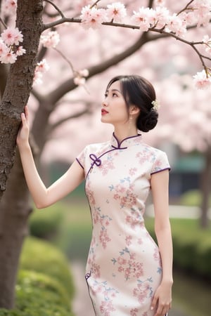 A serene woman in a traditional cheongsam, Hanna, standing under a cherry tree in full bloom. The scene is softly lit with natural sunlight filtering through the blossoms, casting gentle shadows. Hanna's pose is elegant, with one hand resting on the tree trunk, looking up at the flowers. The composition frames her in the foreground, with the cherry blossoms creating a delicate, airy background.