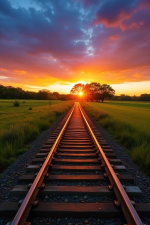 DSLR1.hanna-A breathtaking landscape scene of a railroad stretching into the horizon under a colorful sunset sky. The steel rails reflect the fading sunlight, creating a glowing path that curves gently through the open countryside. On either side of the tracks, lush green fields blend with patches of wild grass and dry shrubs, evoking a sense of calm and solitude. A line of trees stands silhouetted against the vibrant sky, where warm orange, red, and blue tones transition into dusk. The atmosphere is peaceful, capturing the beauty of a quiet evening journey through rural landscapes.