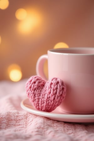 A delicate handmade pink heart-shaped knitted decoration resting on the side of a pastel pink cup and saucer. The background is softly blurred with a golden bokeh effect, adding warmth and a soft glow to the scene. The image emphasizes the soft textures of the yarn and the smooth ceramic cup, creating a warm and cozy ambiance.