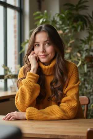 Ultra HD photography of Hanna capturing a portrait of a young woman sitting at a desk, lost in thought, with her hand gently resting on her cheek. She wears a cozy, mustard-color turtleneck that adds a soft warmth to the scene. Her long, flowy hair cascades over her shoulders, enhancing the relaxed and elegant vibe. Natural lighting from a nearby window softly illuminates her features, highlighting her expressive eyes and serene expression. The background is slightly blurred, with subtle hints of indoor plants and furniture, adding depth without distracting from the subject. The setting evokes a calm, introspective moment, with a casual yet refined atmosphere. The shot captures the essence of a serene, introspective moment, with every detail rendered in ultra HD clarity, emphasizing the beauty of the young woman's expression and the soft warmth of the mustard-color turtleneck.