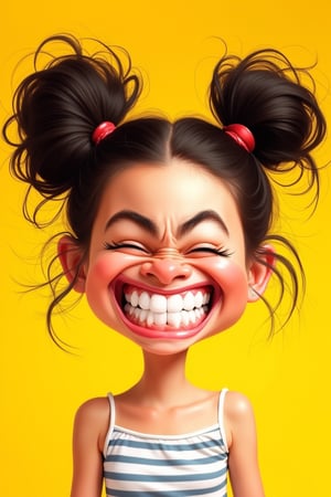 A stylized cartoon portrait of Hanna, a young girl with two large pigtails, scrunching her face in an exaggerated, playful grimace. Her large, expressive eyes are squeezed shut, showing her teeth in a wide, almost comically exaggerated grin. Her dark hair is styled into voluminous puffs, with loose strands sticking out. The background is a bright, solid yellow, creating a cheerful and energetic mood. The caricature emphasizes cartoonish and exaggerated facial expressions, vivid colors, and dynamic line work.