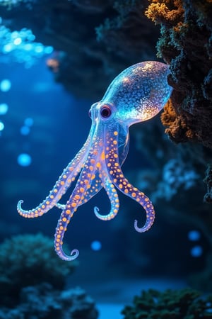 A highly detailed, photorealistic underwater scene of a glowing octopus with transparent, iridescent tentacles covered in bright orange spots. The octopus glides through a deep ocean setting, illuminated by bioluminescent specks that add a surreal, magical touch. The surrounding water is a deep blue, with bokeh effects created by distant lights, emphasizing the octopus as the central figure. The delicate glow of the tentacles adds an ethereal quality, with hints of coral and marine foliage in the background. The composition captures the octopus in motion, with the bioluminescent specks casting a soft, ambient light that highlights the octopus's intricate details. The deep blue water and bokeh effects create a sense of depth and mystery, while the glowing tentacles and bright orange spots add a touch of magic to the scene.