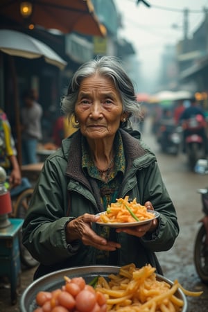 A poignant photograph of an elderly woman selling traditional street food on a busy urban street. Her eyes, filled with quiet sadness, tell a story of years of hard work and survival. Her simple, worn clothes contrast with the chaotic environment of pedestrians and vehicles. The image captures her in a moment of stillness, strong and resolute despite daily challenges.