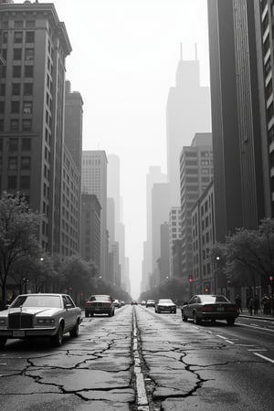 A black-and-white image featuring a contrasting place set in two different times. The left side of the scene depicts an old, decaying cityscape from the past, with crumbling buildings, cracked roads, and vintage cars. The right side represents the modern era, with sleek, futuristic skyscrapers, clean streets, and advanced vehicles. The entire image is rendered in high-contrast black and white, emphasizing the stark differences in architecture and technology between the two times. The style is raw and unpolished, giving the image a gritty, realistic feel with sharp details and textures. --style raw --v 6.1