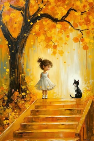 Abstract fantasy scene of a little girl named Hanna in a white dress with scruffy pixie brown hair, smiling warmly atop a vibrant yellow staircase, looking down at a black and white cat, large tree with dark yellow blossoms overhead, petals softly falling, textured with expressive acrylic paint splatters, whimsical and dreamlike atmosphere, ethereal touch, bold brushstrokes, magical artwork.