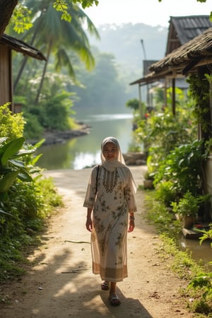 Ultra HD photography of Hanna walking along a village road in the morning, surrounded by a Malaysian village setting. The composition frames Hanna in the foreground, with a serene river and pathway in the background, showcasing the peaceful ambiance. The lighting is soft and natural, with the morning sun casting gentle shadows and highlighting the vibrant colors of the village. Hanna is dressed in traditional attire, with a calm and reflective expression. The village details are meticulously captured, including wooden houses, lush greenery, and local flora. The shot captures the essence of a tranquil morning in a Malaysian village, with every detail rendered in ultra HD clarity.