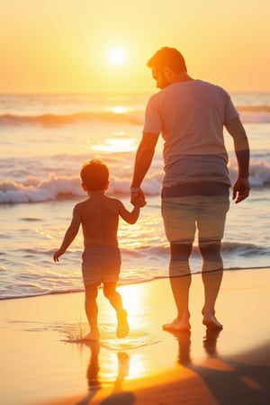 Double exposure blending of a boy and his father on a beach. The image features a warm, golden sunset lighting, casting long shadows and reflecting off the sand. The boy is running towards the water, with the father standing calmly behind, watching over him. The beach backdrop is vibrant with blue waves and golden sand, creating a serene contrast. The composition is dynamic, with the boy's energetic pose and the father's protective stance. The blending effect enhances the emotional connection between the two figures, merging their silhouettes with the tranquil beach scene.