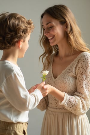 Ultra HD photography of a young boy, Hanna, holding a single flower, about to give it to his beautiful mother. The composition captures the tender moment, with the boy's hand outstretched, offering the flower with a shy, endearing smile. The mother, radiant and graceful, stands with a loving expression, her hand reaching out to accept the gift. The lighting is soft and natural, highlighting the warmth and affection between them. The background is simple yet elegant, with a subtle, neutral backdrop that keeps the focus on the emotional exchange. The shot captures the purity and beauty of the moment, rendered in ultra HD clarity.