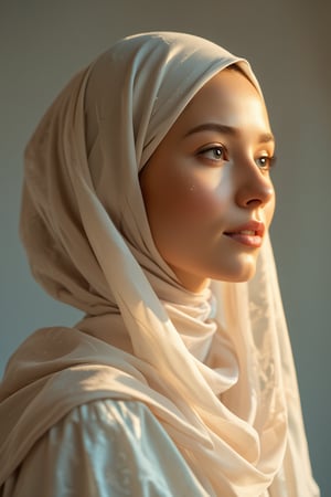 A serene close-up portrait of a beautiful woman with a silky white hijab, her eyes softly gazing into the distance. The lighting is soft and warm, casting a gentle glow on her face. The composition is centered, with the hijab draping elegantly around her shoulders. The background is a subtle, neutral tone, allowing her serene expression to take center stage.