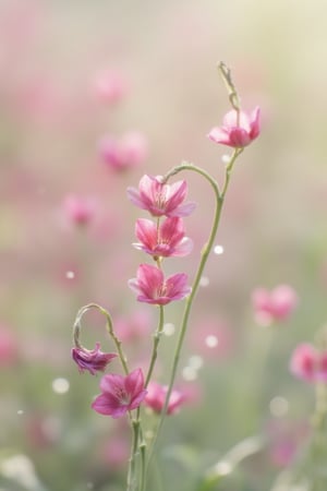 DSLR1.hanna-A dreamy, soft-focus close-up of delicate pink flowers swaying gently in the breeze. The scene is filled with light and airiness, as the petals appear almost translucent, blending seamlessly into the hazy, mist-like background. The color palette is composed of soft pinks, whites, and subtle hints of green, giving the image a serene, ethereal atmosphere. The focus is on the tallest flowers, while others gently blur into the background, creating a sense of depth and tranquility. The overall mood is peaceful and calming, as if captured in a quiet, early morning or sunset moment in a field of wildflowers.