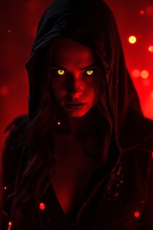 A striking, intense portrait of a woman in a dark hooded cloak, her face partially shadowed. The background is bathed in deep red light, creating a dramatic atmosphere. Her serious, piercing expression is highlighted by glowing yellow eyes standing out sharply against the shadows. Red lighting casts an eerie glow around her, with subtle sparks floating in the background, enhancing the intense, mysterious mood. The composition emphasizes her powerful gaze and ominous tone, focusing on her glowing yellow eyes while the rest of her face remains in shadow.