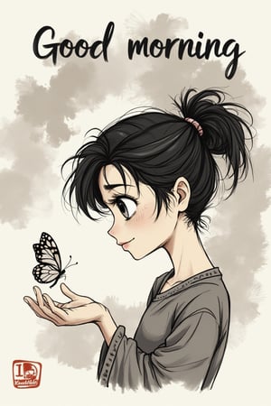 Good morning words written at the background, featuring a cute innocent girl in a sumi-e ink wash style with fine lines, captured in a medium close-up. She looks at a butterfly on her finger, with a cheeky smile exuding innocence and charm. The animecore aesthetic includes white art lines and a Zen-like painting style, emphasizing characterization through various ink tonalities and shading. The dramatic angle enhances the scene's depth, blending traditional sumi-e techniques with modern anime-inspired touches.