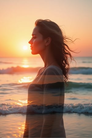 Double exposure blending of a sad woman and the sea at sunset. The image features soft, warm lighting with a golden hue, casting a melancholic glow over the woman's expression and the tranquil sea. The sunset backdrop is vibrant with orange and pink hues, creating a serene contrast. The woman stands alone, her silhouette blending with the calm waves and setting sun. The composition is balanced, with the sea and sky subtly merging into the woman's form, enhancing the emotional, blended effect.