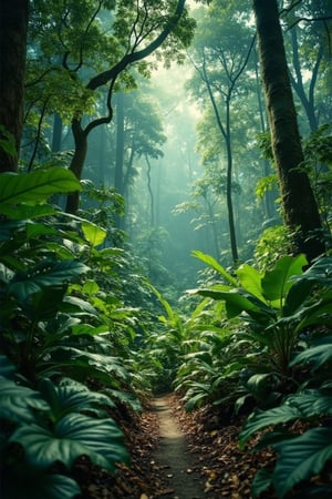 A realistic depiction of the Amazon Rainforest, with dense, vibrant greenery and towering trees. Professional color grading creates soft shadows and a clean, sharp focus, with no contrast. The scene captures the lush, verdant landscape through film photography, highlighting the intricate details of the flora and the serene atmosphere of the rainforest.