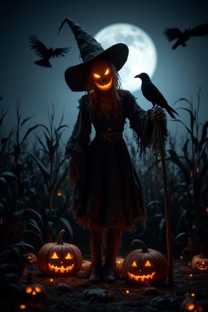 An ultra-HD, hyper-realistic scarecrow of Ahlabun.hanna with a glowing, grinning jack-o'-lantern head stands in a dark cornfield, bathed in eerie moonlight. Her tattered, straw-filled clothes sway in the wind, and a crooked witch’s hat adds a sinister touch. Black crows circle around, some perched on glowing pumpkins scattered across the field. A large full moon casts an ethereal glow, contrasting the warm light from the carved pumpkins. Towering cornstalks and bats flying in the distance complete the haunted, otherworldly scene. Ultra-realistic, sharp focus, 16K, Unreal Engine, dynamic angle.