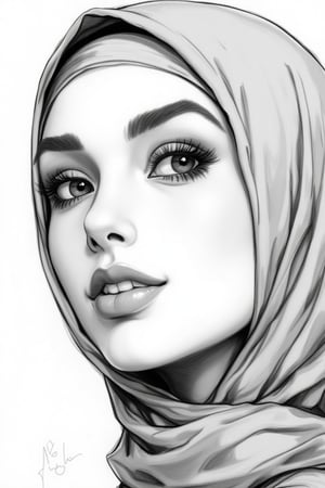 A close-up pencil sketch portrait of a beautiful woman wearing a hijab, smiling nicely with visible dimples. The sketch captures her serene expression and elegant style, with JojoArt.hanna's signature touch.