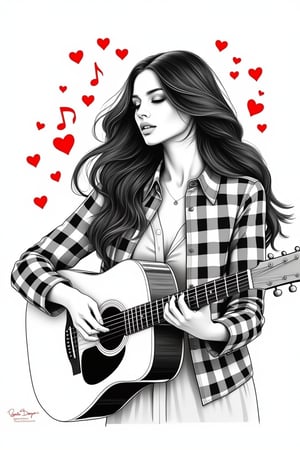 A minimal illustration of a beautiful woman with long flowy hair playing guitar, surrounded by red musical notes shaped like hearts. She wears a checkered jacket in a black and white color block style. The image is framed mid-shot, focusing on her expressive hands and the guitar. The composition is simple, with bold lines and minimal shading, highlighting her elegance and the playful musical notes. The background is plain, allowing her to stand out prominently.