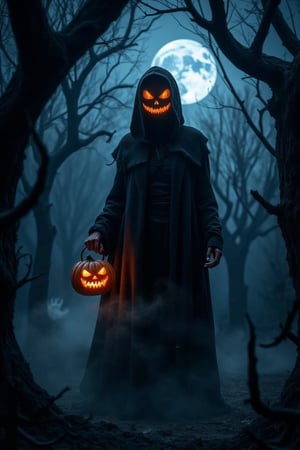 A sinister, hooded figure of Ahlabun.hanna standing in a dark, twisted forest, holding a glowing jack-o'-lantern in one hand. Her face is an eerie, carved pumpkin with a haunting, menacing grin. The full moon illuminates the scene, casting unsettling shadows across the gnarled trees. Fog swirls at her feet, and faint ghostly apparitions lurk in the background. The orange glow from the jack-o'-lantern flickers with a supernatural flame, adding a chilling atmosphere. The scene features dark blue tones and eerie, glowing embers drifting through the air, creating a nightmarish Halloween landscape.