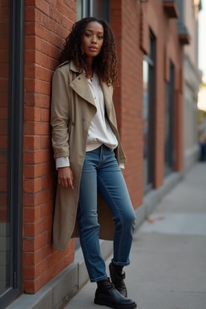 

A beautiful woman model, dressed in a long trench coat, hoodie, denim pants, and boots, stands leaning against a brick wall building in a Virtual19 setting. She exudes confidence with a relaxed yet stylish pose, her outfit blending modern and classic elements. The soft, natural lighting highlights her features, while the textured brick wall adds depth to the composition. The scene is framed to focus on her, with the urban backdrop enhancing the overall aesthetics 