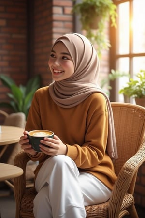 A beautiful white Malay woman in a cozy café, wearing a light brown hijab in style, with a mustard outfit sweatshirt and loose white pants, sits by the window with warm sunlight streaming in. She holds a cup of coffee with both hands, smiling softly. The rustic brick wall and green plants in the background add to the relaxed, inviting atmosphere. The wicker furniture and soft, earthy tones create a sense of comfort and calm. The image blends realism with soft, vibrant colors, giving it a polished yet warm aesthetic.