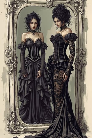 A mysterious Asian woman stands in front of a mirror, trying on gothic baroque fashion outfits. Her attire includes intricate lace, velvet, and corsets, with dark, rich colors and ornate patterns. The scene is depicted in a raw marker drawing style, with bold lines and minimal shading, capturing the essence of the gothic baroque fashion. The background is simple, focusing attention on the woman and her outfits, with a touch of mystery and elegance.