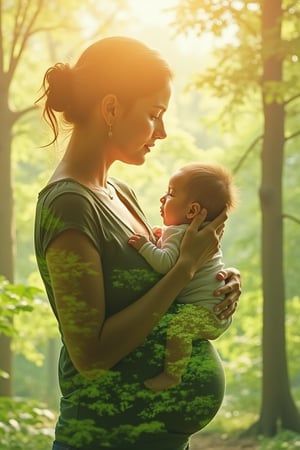 Double exposure blending of a woman holding a baby, standing in a lush forest. The image features a soft, ethereal lighting with a warm, golden hue, highlighting the woman's gentle expression and the baby's delicate features. The forest backdrop is vibrant with green foliage, creating a harmonious contrast. The woman is in a relaxed, nurturing pose, with the baby cradled in her arms. The composition is balanced, with the forest subtly merging into the woman's silhouette, enhancing the mystical, blended effect.