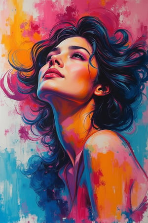 An acrylic color abstract painting of a woman with a multicolors liquid background. The woman is depicted in bold, expressive brushstrokes, blending vibrant hues and dynamic shapes. The background is a swirling mix of liquid colors, creating a fluid and immersive atmosphere. The composition is abstract and dynamic, capturing the essence of the woman's form through a vibrant and expressive palette.