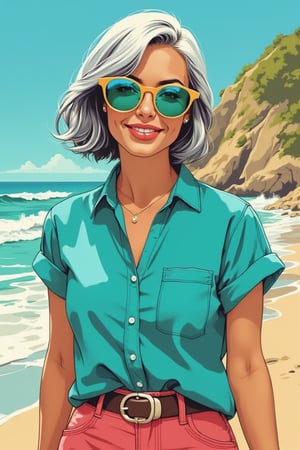 A vibrant Pop Art image of Hanna, depicting a beautiful woman with stylish round glasses, premium stunning grey hair in a pixie bob style, and a striking turquoise shirt. She is walking happily along the beachside, with the ocean and sky creating a dynamic backdrop. The woman's features are bold and defined, with vibrant colors capturing her confident and joyful expression. The scene is framed with a mid-shot, highlighting her stylish attire and the serene beach setting. The composition is lively, with the woman's pose and the beach's natural elements leading the eye through the joyful moment.