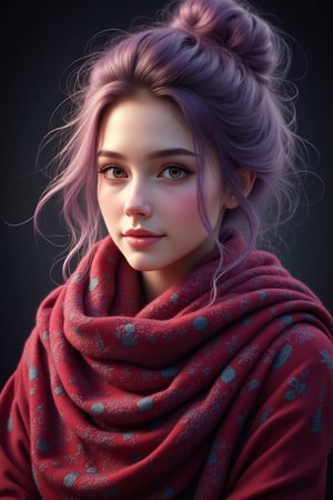 A highly detailed, ultra-realistic portrait of a young woman with soft purple hair with green hues tied in a messy bun, her strands gently flowing around her face. Her glowing skin is soft and smooth, with a warm, natural blush. The woman is wrapped in a vibrant, intricately patterned burgundy scarf, creating a beautiful contrast against her delicate features. Gentle, diffused lighting illuminates her face, with a soft gradient background transitioning from dark to light, highlighting her calm and confident expression. The image is sharp and vibrant, with a cinematic, photorealistic quality.