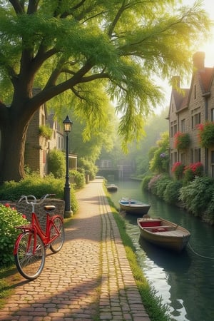 A quaint and charming riverside village scene, reminiscent of a serene European countryside. The cobblestone path winds alongside a gentle canal, lined with lush greenery and stone buildings adorned with window flower boxes. A vibrant red bicycle rests against a lamppost, and two small wooden boats are tied at the water's edge. The scene is illuminated by soft, warm daylight filtering through a large willow tree, casting delicate shadows. The composition evokes a sense of peacefulness and timeless beauty, with an impressionistic style that highlights intricate details and a nostalgic, storybook charm.