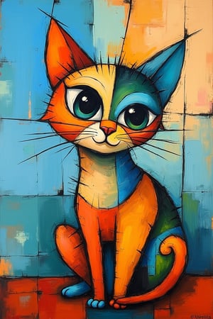 An abstract painting in the style of Picasso, featuring a cute cat. The cat is depicted with geometric shapes and bold, fragmented lines. Its face is asymmetrical, with large, exaggerated eyes and a whimsical expression. The body is made of colorful, overlapping forms, blending sharp angles with soft curves. The color palette is vibrant, using a mix of blues, oranges, and greens, creating a playful and surreal atmosphere. The overall composition is abstract and dynamic, capturing the essence of a cat's cuteness through Picasso's unique style.