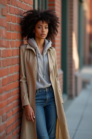 

A beautiful woman model, dressed in a long trench coat, hoodie, denim pants, and boots, stands leaning against a brick wall building in a Virtual19 setting. She exudes confidence with a relaxed yet stylish pose, her outfit blending modern and classic elements. The soft, natural lighting highlights her features, while the textured brick wall adds depth to the composition. The scene is framed to focus on her, with the urban backdrop enhancing the overall aesthetics 