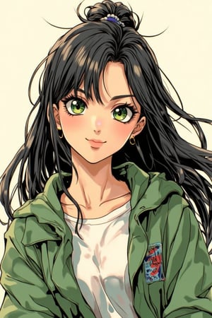 A stylish anime-inspired portrait of a young woman with long, flowing black hair, wearing a loose green jacket over a white shirt. Large, expressive green eyes, a subtle smile, and a warm, approachable expression. The simple, neutral background keeps focus on her features and stylish attire. Soft lighting enhances delicate line work and vibrant colors, creating a relaxed and casual atmosphere.JojoArt.hanna