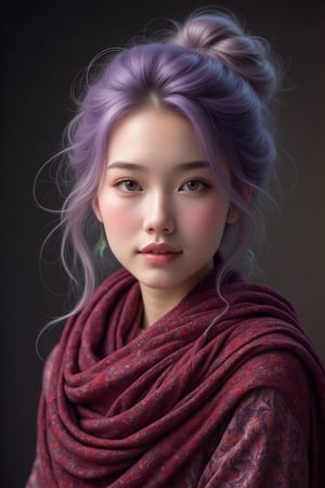 A highly detailed, ultra-realistic portrait of a young woman with soft purple hair with green hues tied in a messy bun, her strands gently flowing around her face. Her glowing skin is soft and smooth, with a warm, natural blush. The woman is wrapped in a vibrant, intricately patterned burgundy scarf, creating a beautiful contrast against her delicate features. Gentle, diffused lighting illuminates her face, with a soft gradient background transitioning from dark to light, highlighting her calm and confident expression. The image is sharp and vibrant, with a cinematic, photorealistic quality.