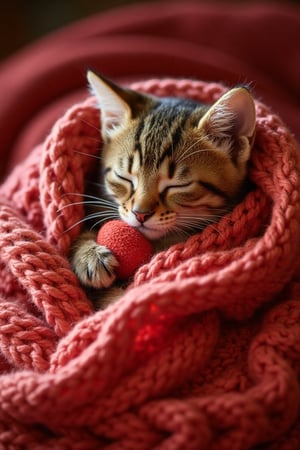 Ultra HD photography of Hanna capturing a realistic, heartwarming digital painting of a small tabby kitten peacefully sleeping, wrapped in a cozy, soft red and pink knitted blanket. The kitten's face is relaxed with its eyes closed, and its tiny paws are gently holding a small red toy. The warm lighting casts a soft glow on the kitten, enhancing the snug and comforting atmosphere. The scene is intimate and tranquil, with rich, deep colors adding warmth and serenity to the moment of peaceful rest. The shot captures the essence of a heartwarming, tranquil moment, with every detail rendered in ultra HD clarity, emphasizing the beauty of the sleeping kitten and cozy blanket.