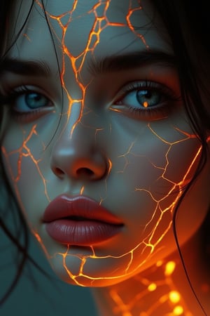 An extreme close-up, digital illustration of Hanna’s 3/4 view portrait. Her striking blue eyes are full of intensity, and her soft, natural pink lips add to her delicate beauty. The skin on her face is cracked, with molten-orange light seeping through the cracks like lava, casting dramatic, glowing highlights on her features. The moody, shadowy background contrasts sharply with the vibrant glow, creating a mysterious and intense atmosphere. Focus is on the intricate texture of her fragmented skin, the glowing light, and the sharp details of her eyes and lips.