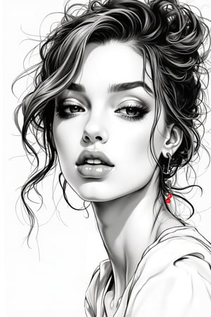 A black and white ink beauty portrait with smooth, fluid brush strokes, focusing on expressive eyes, delicate lips, and a graceful posture. Light and shadow contrast create depth, emphasizing positive emotions. Detailed facial features contrast with a minimalist, soft background, adding dimension. Subtle gradient transitions within the strokes.JojoArt.hanna