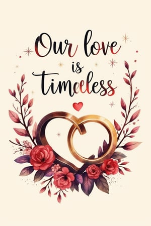 A romantic illustration with the text Our love is timeless in an elegant, flowing script font at the top, slightly curved to create a sense of movement. Below it, a bond that will last forever is written in a bold serif font, standing out. The text is arranged in a balanced composition on a cream background with deep reds, soft golds, and rich purples. Intertwined rings and a heart are near the text, surrounded by subtle decorative accents like flowing vines and floral motifs. The background features a soft watercolor wash with embellishments of sparkles and stars around the text.