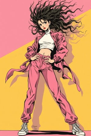 A vintage sticker of a full-body portrait in Japanese retro anime style, featuring a top model with wild hair, exuding confidence. She stands in a dynamic pose, set against a soft pink and yellow palette, with lighting reflections and shadows adding depth. Her gaze is intense, dressed in stylish, minimalist clothing with bold lipstick and eyeliner. The minimalist background ensures focus on her captivating presence, emphasizing her confident pose, wild hair, and dramatic light and shadow interplay.JojoArt.hanna