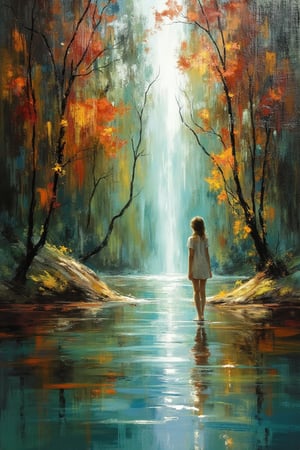 Abstract scene of a river stream flowing through a forest, with a calming waterfall, soft lighting, serene atmosphere, centered composition, Hanna standing by the water, peaceful expression, abstract patterns and vibrant colors blending nature elements, digital art style.