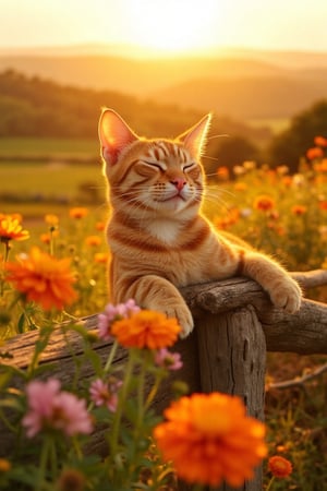 Ultra HD photography of Hanna capturing a realistic, highly detailed digital painting of an orange tabby cat relaxing on a wooden fence in a field of vibrant wildflowers during sunset. The cat has its eyes closed, enjoying the warmth of the golden sunlight as it basks in the serene atmosphere. The warm hues of the sunset cast a soft glow on the scene, highlighting the cat's fur and the surrounding flowers. The background features a blurred landscape with a peaceful countryside. The shot captures the essence of a serene, peaceful sunset scene, with every detail rendered in ultra HD clarity, emphasizing the beauty of the orange tabby cat and vibrant wildflowers.