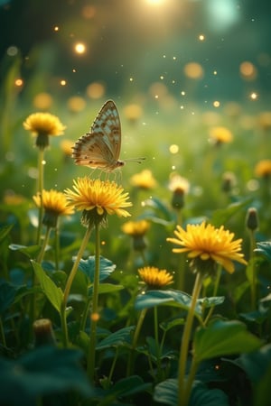 A serene view of a beautiful butterfly perched on a dandelion flower, surrounded by lush greenery and fields of dandelions. The scene is illuminated with gentle sparks and a soft glow, creating a magical atmosphere. The composition is framed to highlight the delicate butterfly and the vibrant dandelions, with the lush greenery providing a natural backdrop. The lighting is soft and warm, enhancing the natural beauty of the scene.